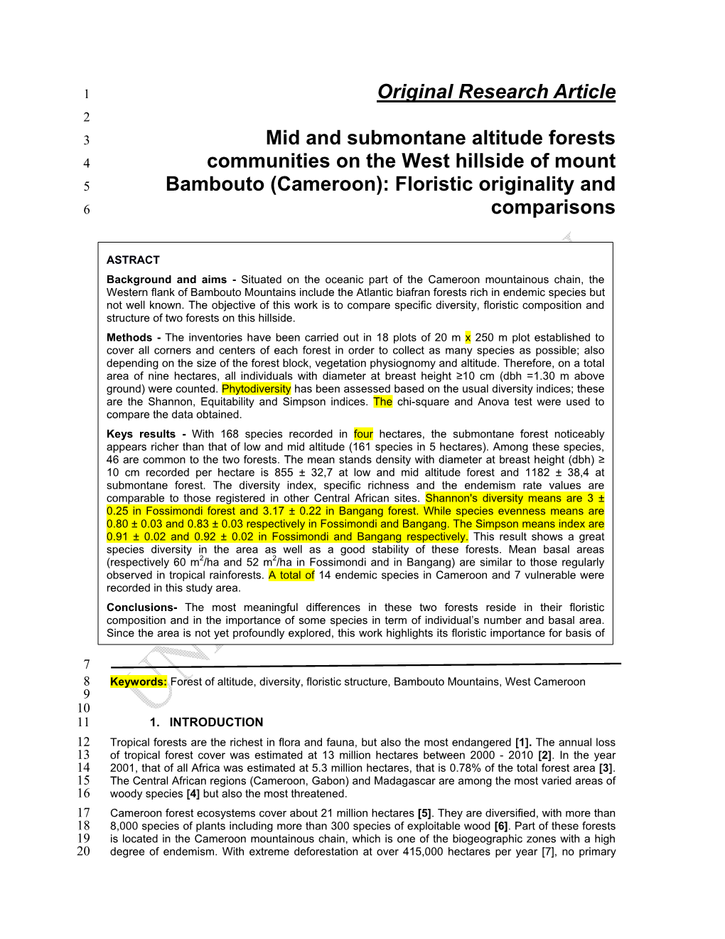 Original Research Article Mid and Submontane Altitude Forests Communities on the West Hillside of Mount Bambouto (Cameroon)