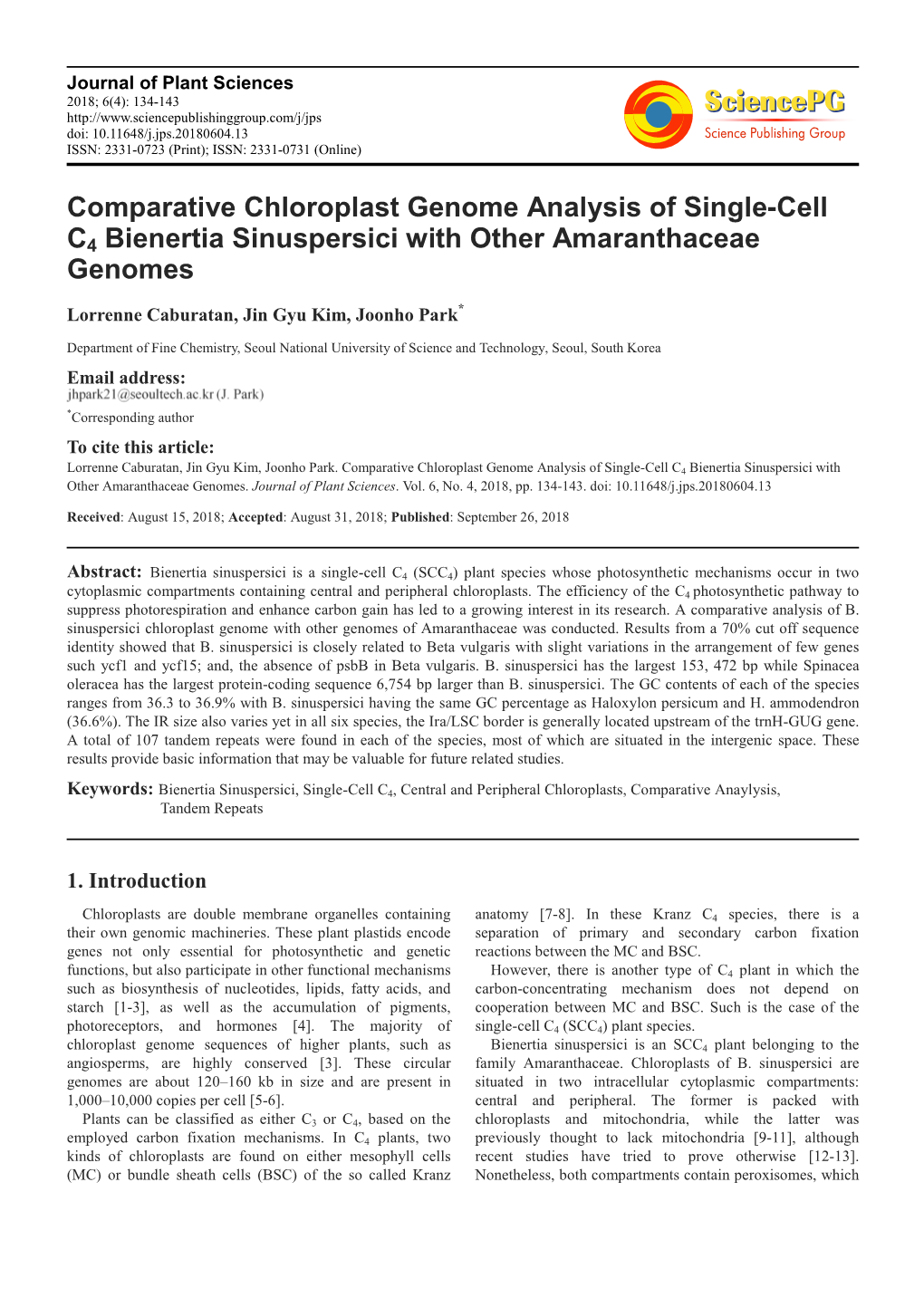 Comparative Chloroplast Genome Analysis of Single-Cell C4 Bienertia Sinuspersici with Other Amaranthaceae Genomes