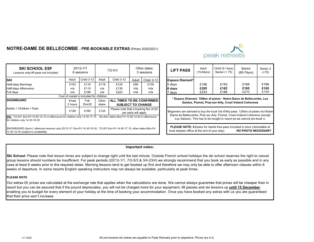 Notre Dame De Bellecombe Ski Extras Guide Prices 20-21