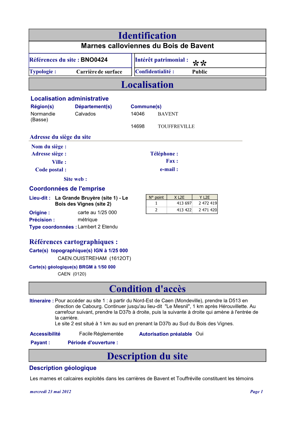 Localisation Condition D'accès Description Du Site Identification