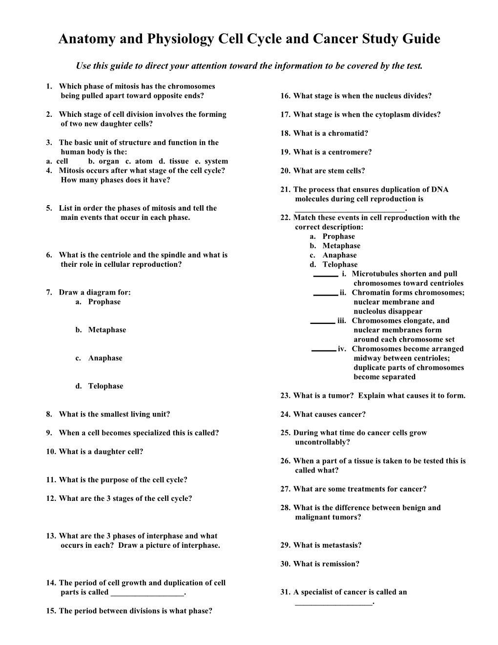 Anatomy and Physiology Cell Cycle and Cancer Study Guide