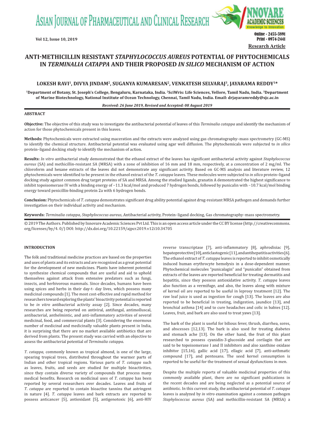 Anti-Methicillin Resistant Staphylococcus Aureus Potential of Phytochemicals in Terminalia Catappa and Their Proposed in Silico Mechanism of Action