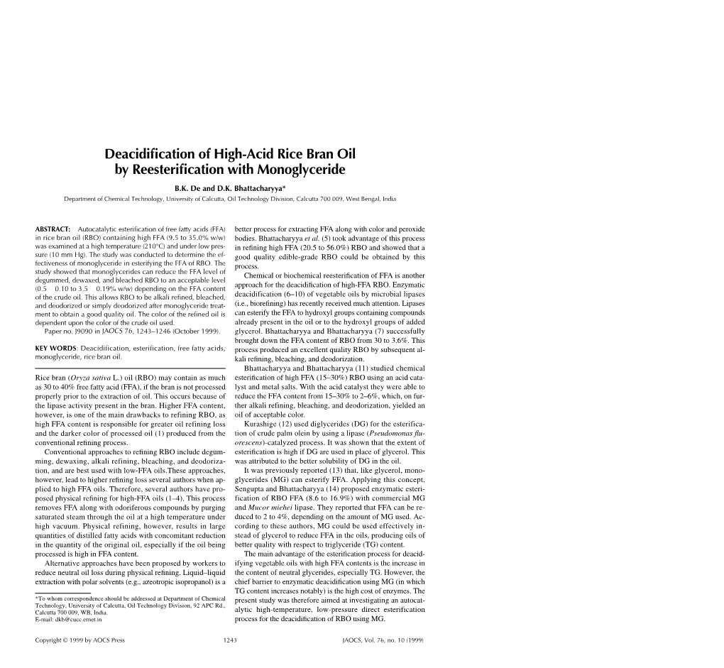 Deacidification of High-Acid Rice Bran Oil by Reesterification With