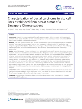 Characterization of Ductal Carcinoma in Situ Cell Lines Established From