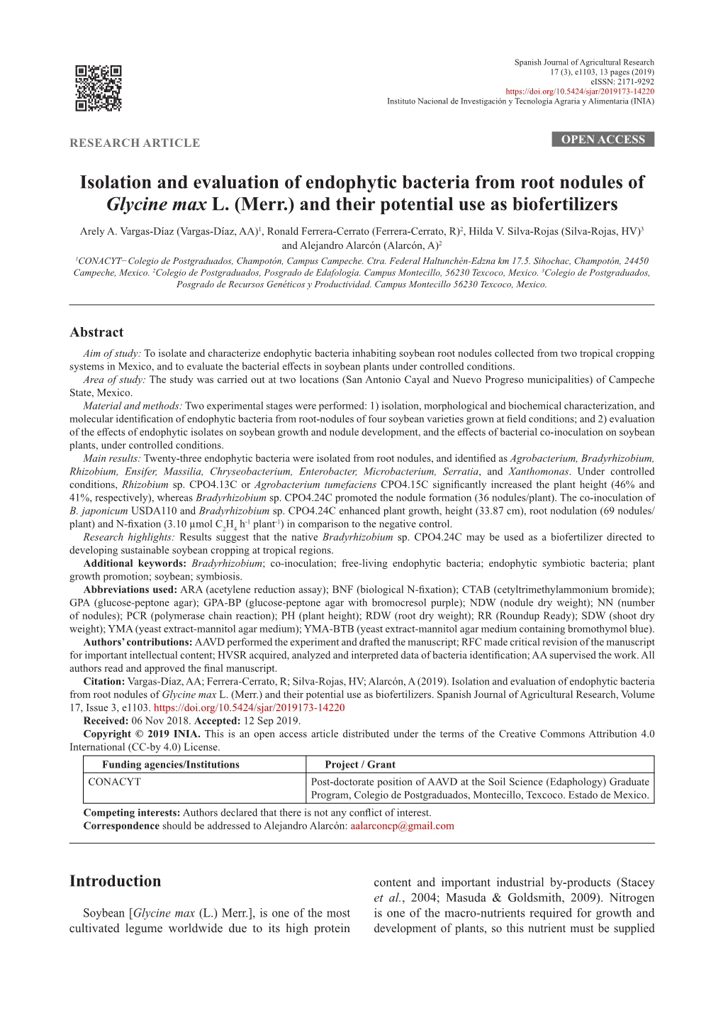 Isolation and Evaluation of Endophytic Bacteria from Root Nodules of Glycine Max L