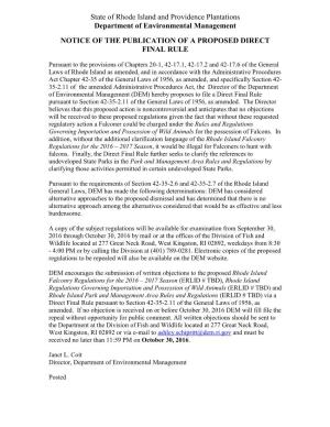 State of Rhode Island and Providence Plantations Department of Environmental Management NOTICE of the PUBLICATION of a PROPOSED DIRECT FINAL RULE