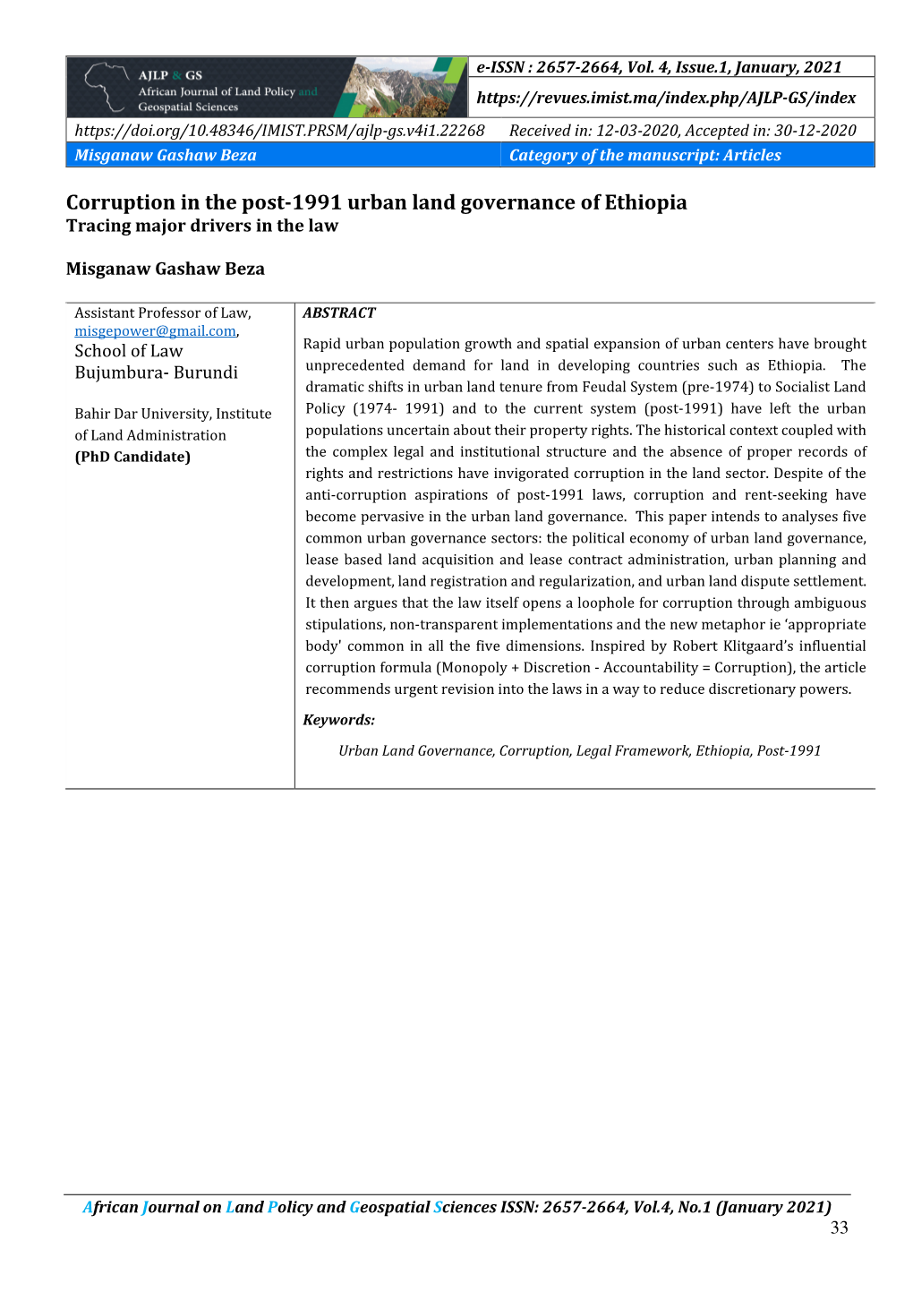 Corruption in the Post-1991 Urban Land Governance of Ethiopia Tracing Major Drivers in the Law