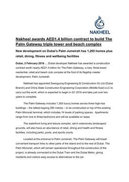 Nakheel Awards AED1.4 Billion Contract to Build the Palm Gateway Triple Tower and Beach Complex
