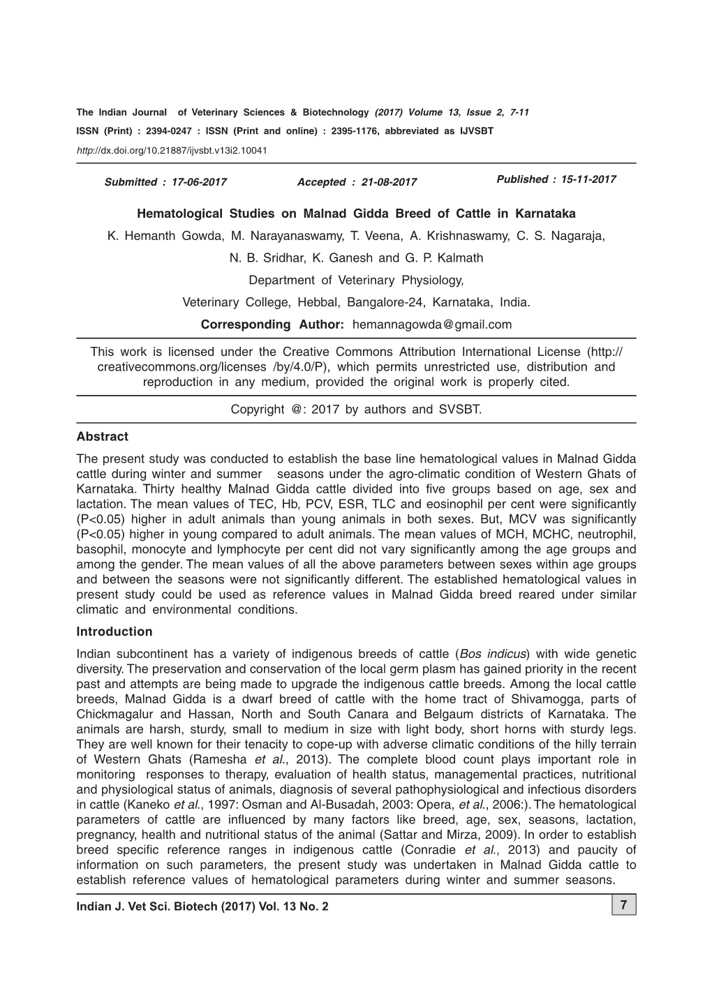 Vol. 13 No. 2 7 Hematological Studies on Malnad Gidda Breed of Cattle In