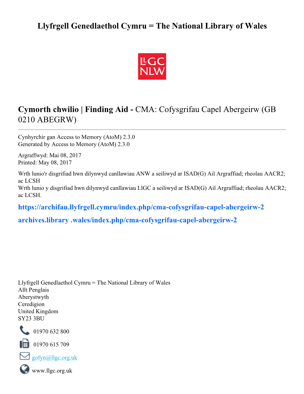 CMA: Cofysgrifau Capel Abergeirw (GB 0210 ABEGRW)