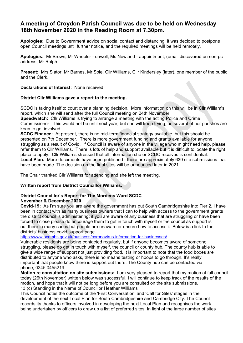 A Meeting of Croydon Parish Council Was Due to Be Held on Wednesday 18Th November 2020 in the Reading Room at 7.30Pm