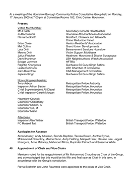 At a Meeting of the Hounslow Borough Community Police Consultative Group Held on Monday, 17 January 2005 at 7:00 Pm at Committee Rooms 1&2, Civic Centre, Hounslow