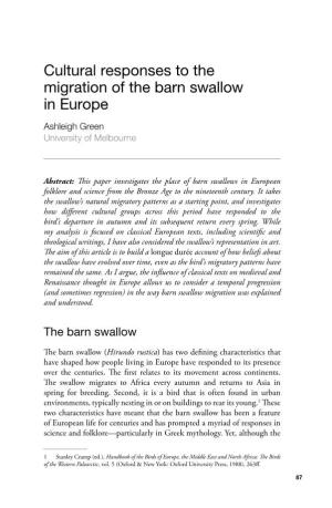 Cultural Responses to the Migration of the Barn Swallow in Europe Ashleigh Green University of Melbourne