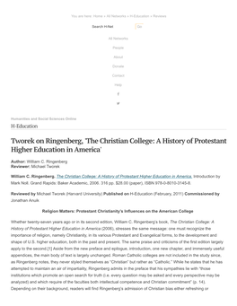 Tworek on Ringenberg, 'The Christian College: a History of Protestant Higher Education in America'
