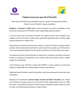 Flipkart Announces Spin-Off of Phonepe