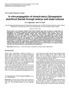 In Vitro Propagation of Miracle Berry (Synsepalum Dulcificum Daniel) Through Embryo and Nodal Cultures