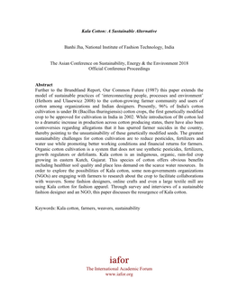 Kala Cotton: a Sustainable Alternative Banhi Jha, National Institute of Fashion Technology, India the Asian Conference on Sustai