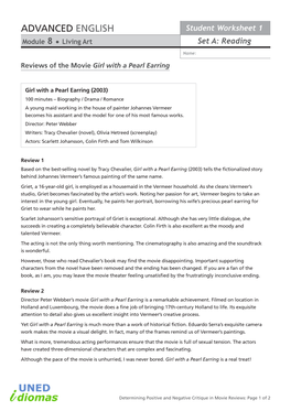 ADVANCED ENGLISH Student Worksheet 1 Module 8 • Living Art Set A: Reading