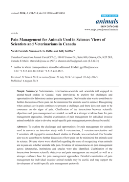 Pain Management for Animals Used in Science: Views of Scientists and Veterinarians in Canada