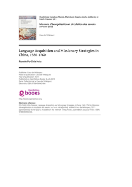 Language Acquisition and Missionary Strategies in China, 1580-1760