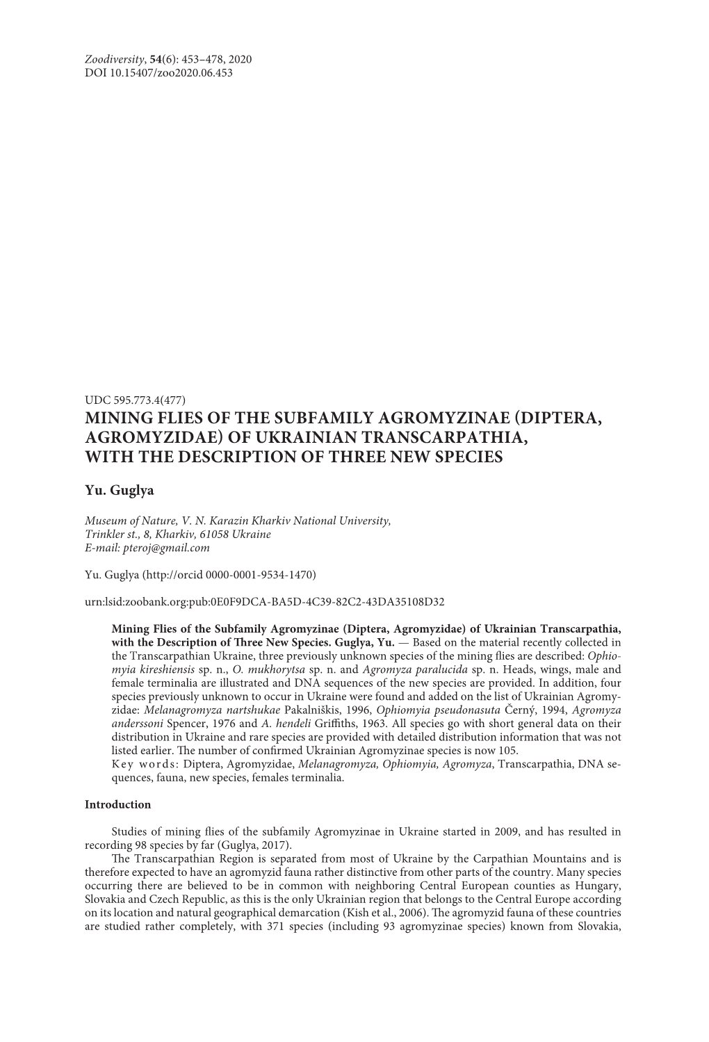 Diptera, Agromyzidae) of Ukrainian Transcarpathia, with the Description of Three New Species