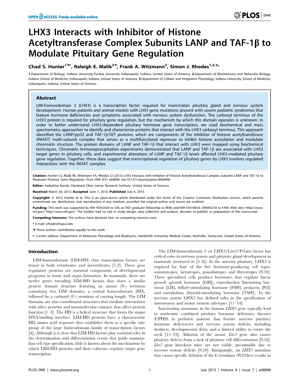 LHX3 Interacts with Inhibitor of Histone Acetyltransferase Complex Subunits LANP and TAF-1B to Modulate Pituitary Gene Regulation