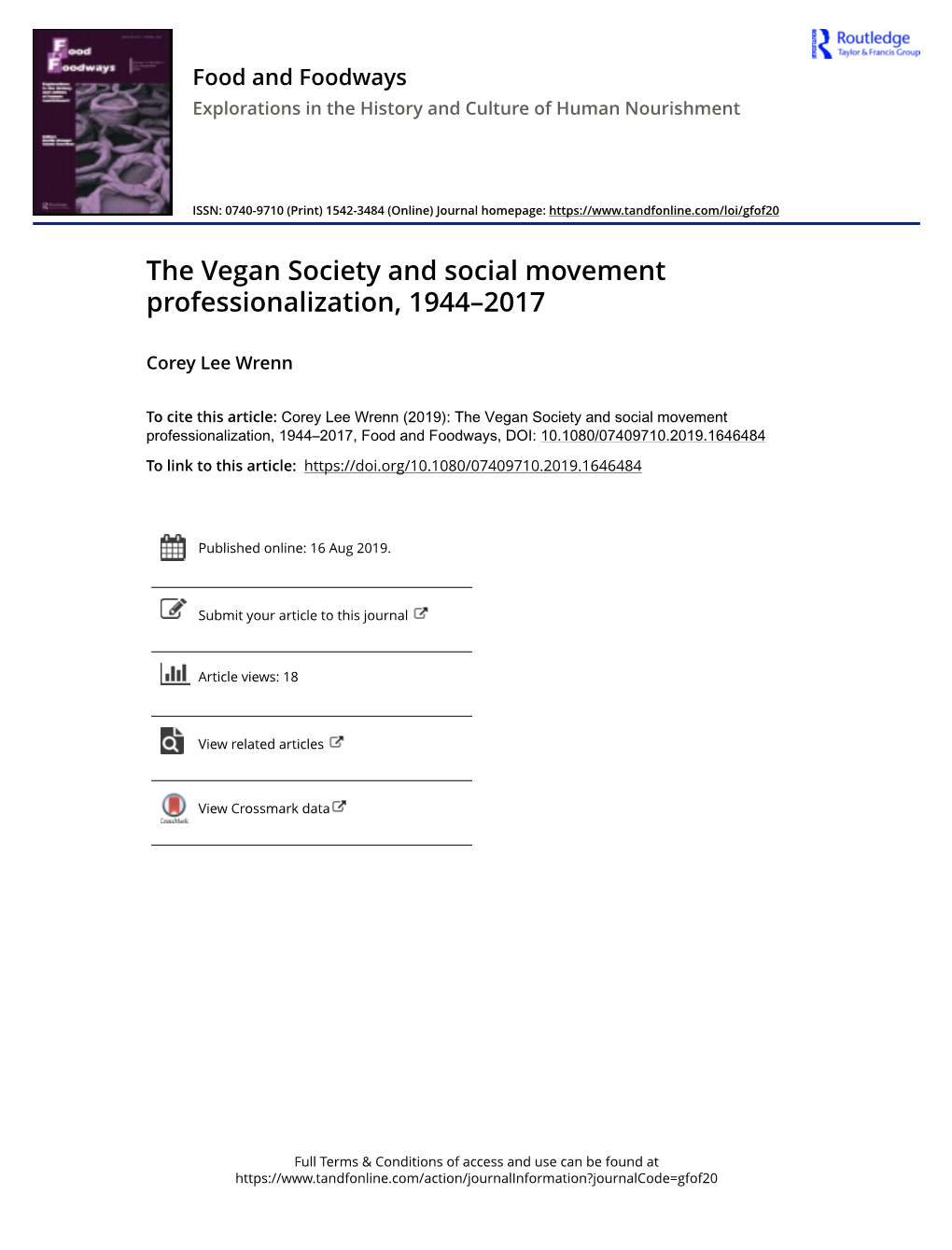 The Vegan Society and Social Movement Professionalization, 1944–2017