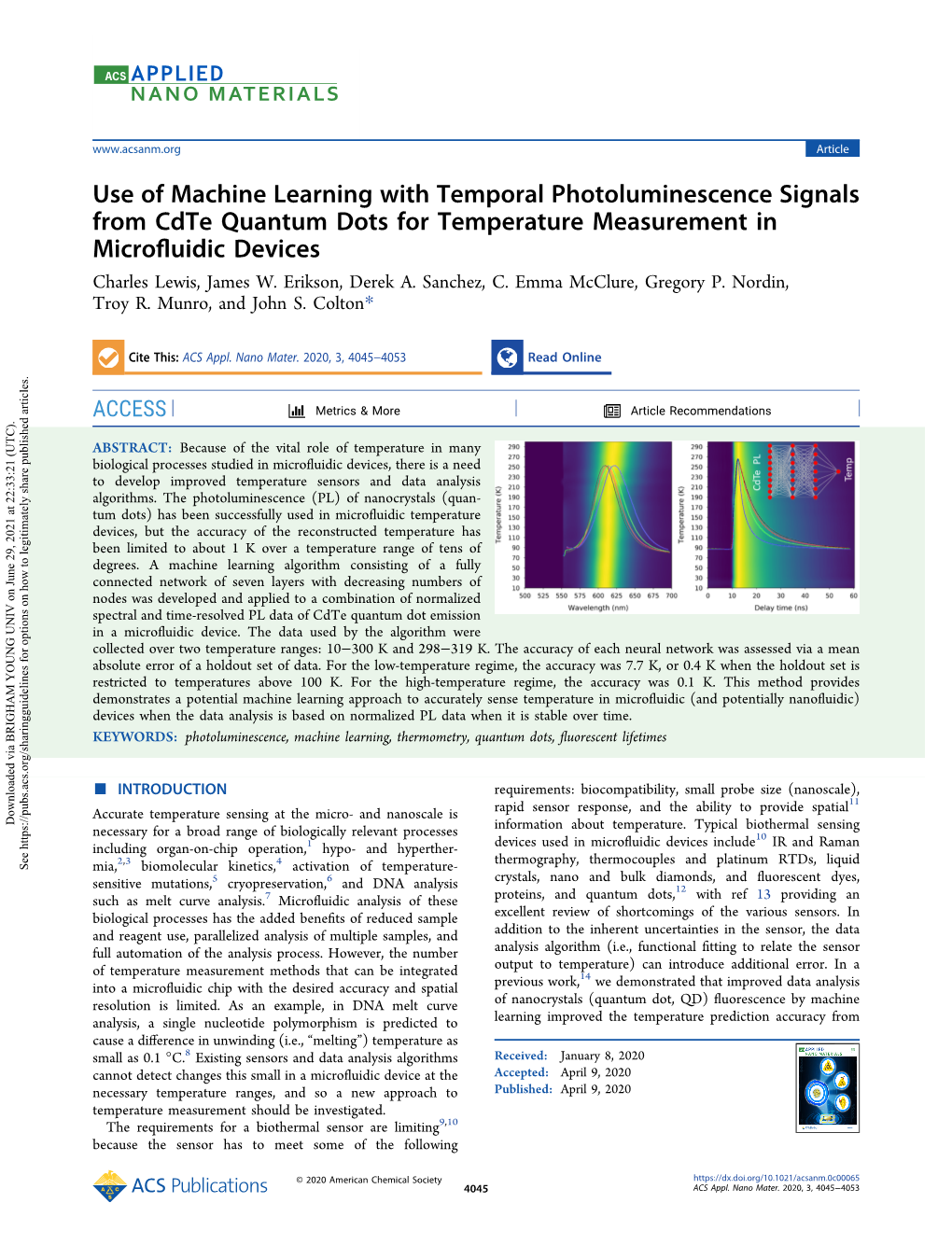 Use of Machine Learning with Temporal Photoluminescence Signals from Cdte Quantum Dots for Temperature Measurement in Microﬂuidic Devices Charles Lewis, James W