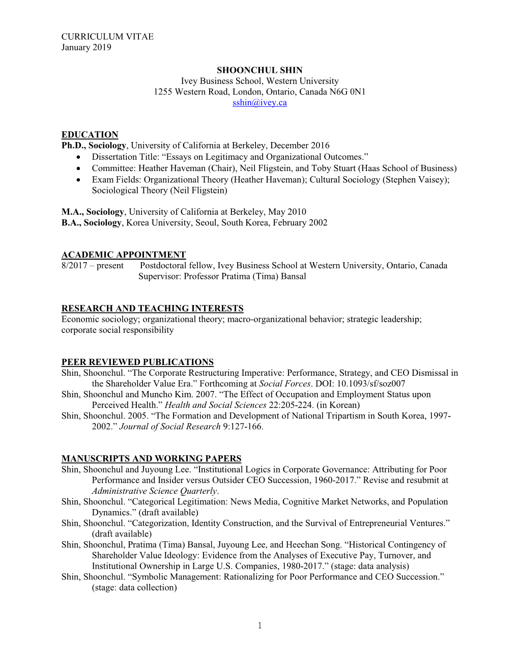 CURRICULUM VITAE January 2019