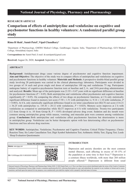 Comparison of Effects of Amitriptyline and Venlafaxine on Cognitive and Psychomotor Functions in Healthy Volunteers: a Randomized Parallel Group Study