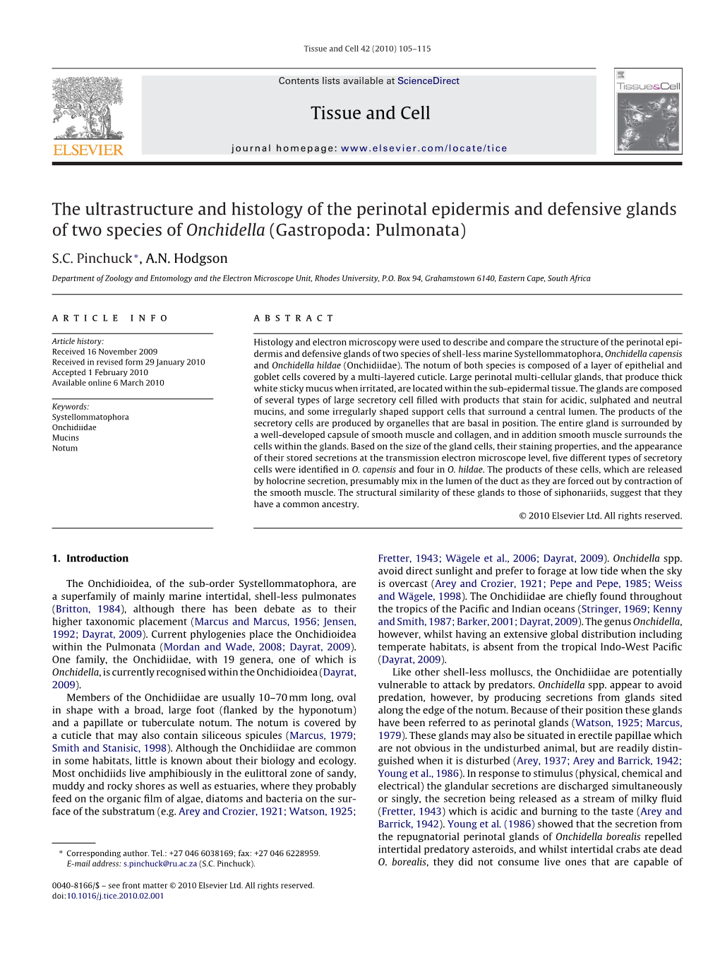 The Ultrastructure and Histology of the Perinotal Epidermis and Defensive Glands of Two Species of Onchidella (Gastropoda: Pulmonata)