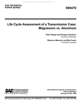 980470 Life Cycle Assessment of a Transmission Case: Magnesium Vs