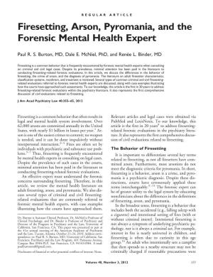 Firesetting, Arson, Pyromania, and the Forensic Mental Health Expert
