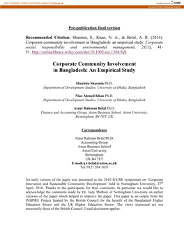 Corporate Community Involvement in Bangladesh: an Empirical Study