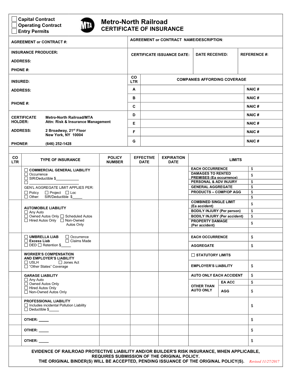 Metro-North Railroad Certificate of Insurance