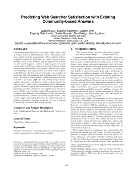 Predicting Web Searcher Satisfaction with Existing Community-Based Answers