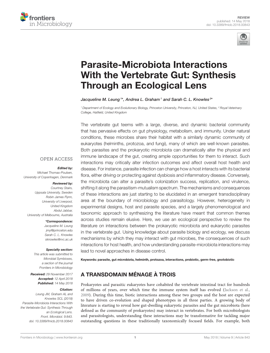 Parasite-Microbiota Interactions with the Vertebrate Gut: Synthesis Through an Ecological Lens