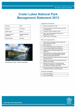 Crater Lakes National Park Management Statement 2013