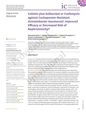 Colistin Plus Sulbactam Or Fosfomycin Against Carbapenem-Resistant Acinetobacter Baumannii: Improved Efficacy Or Decreased Risk of Nephrotoxicity?