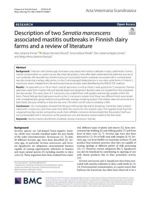 Description of Two Serratia Marcescens Associated Mastitis Outbreaks in Finnish Dairy Farms and a Review of Literature