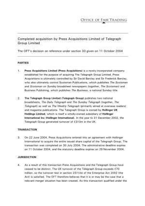 Completed Acquisition by Press Acquisitions Limited of Telegraph Group Limited