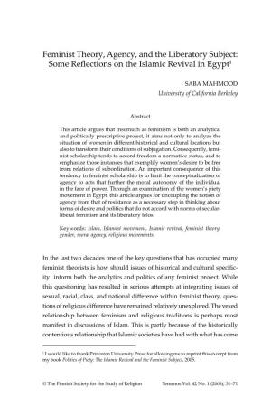 Feminist Theory, Agency, and the Liberatory Subject: Some Reflections on the Islamic Revival in Egypt1
