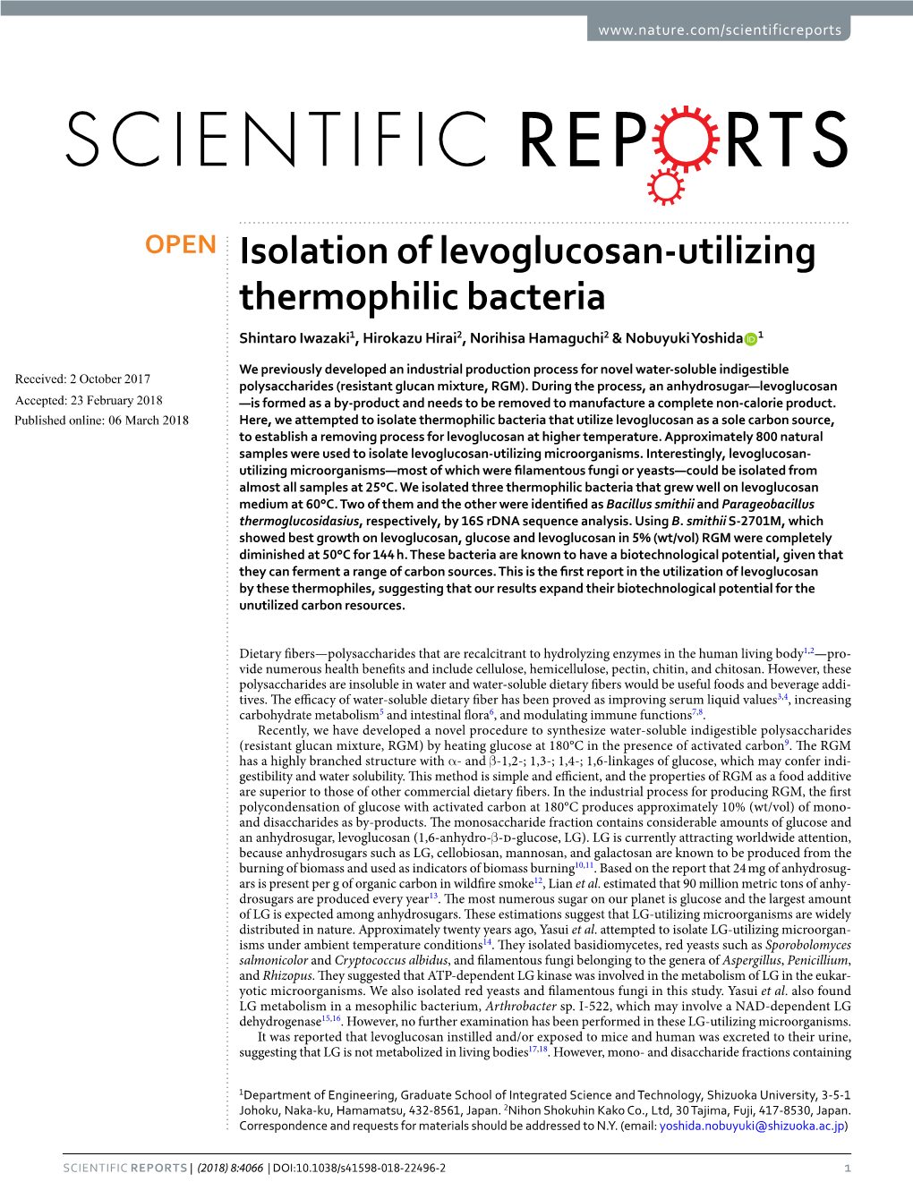 Isolation of Levoglucosan-Utilizing Thermophilic Bacteria Shintaro Iwazaki1, Hirokazu Hirai2, Norihisa Hamaguchi2 & Nobuyuki Yoshida 1