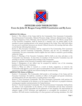 OFFICERS and THEIR DUTIES from the John H. Reagan Camp #2156 Constitution and By-Laws