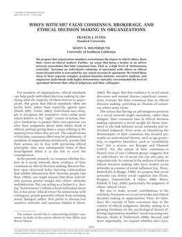 False Consensus, Brokerage, and Ethical Decision Making in Organizations