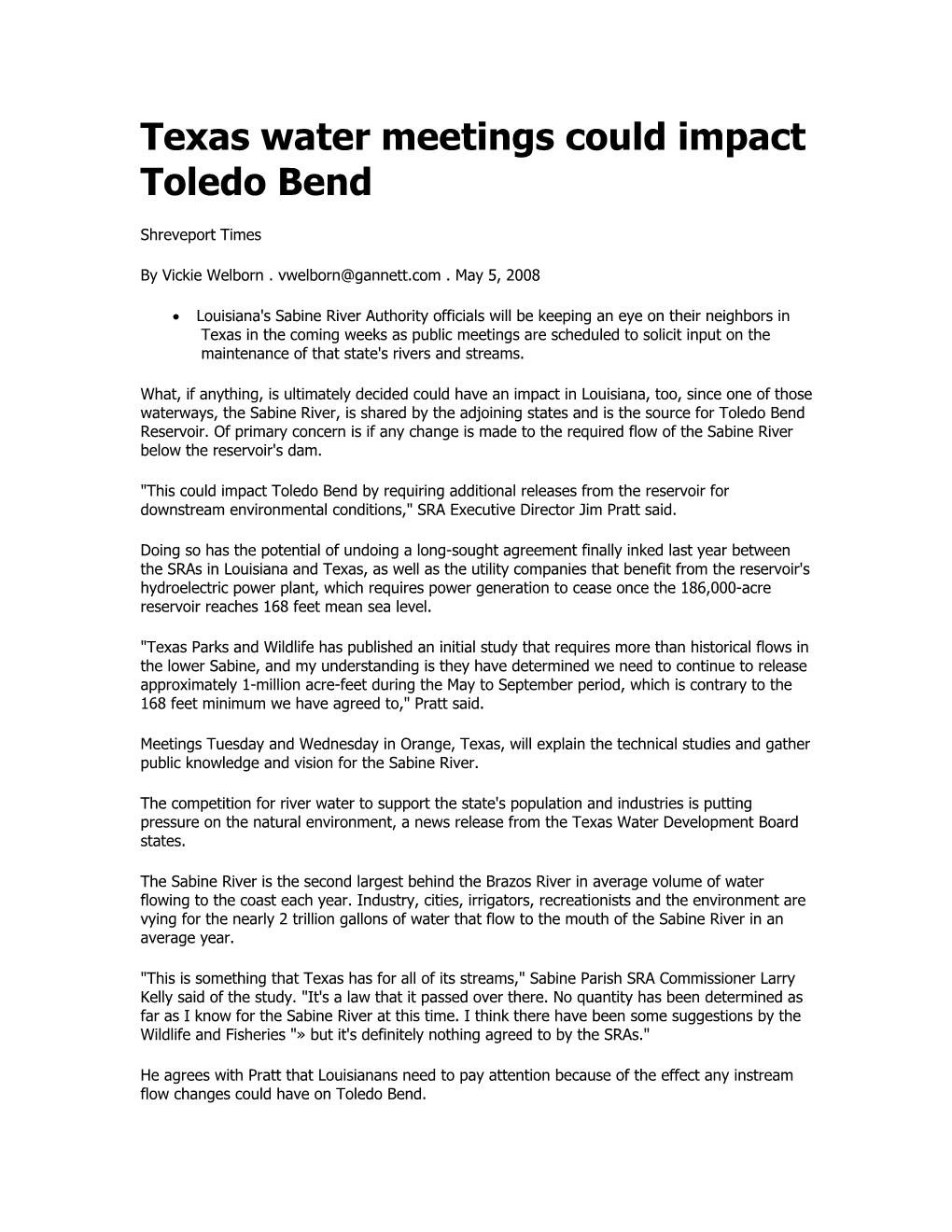 Texas Water Meetings Could Impact Toledo Bend