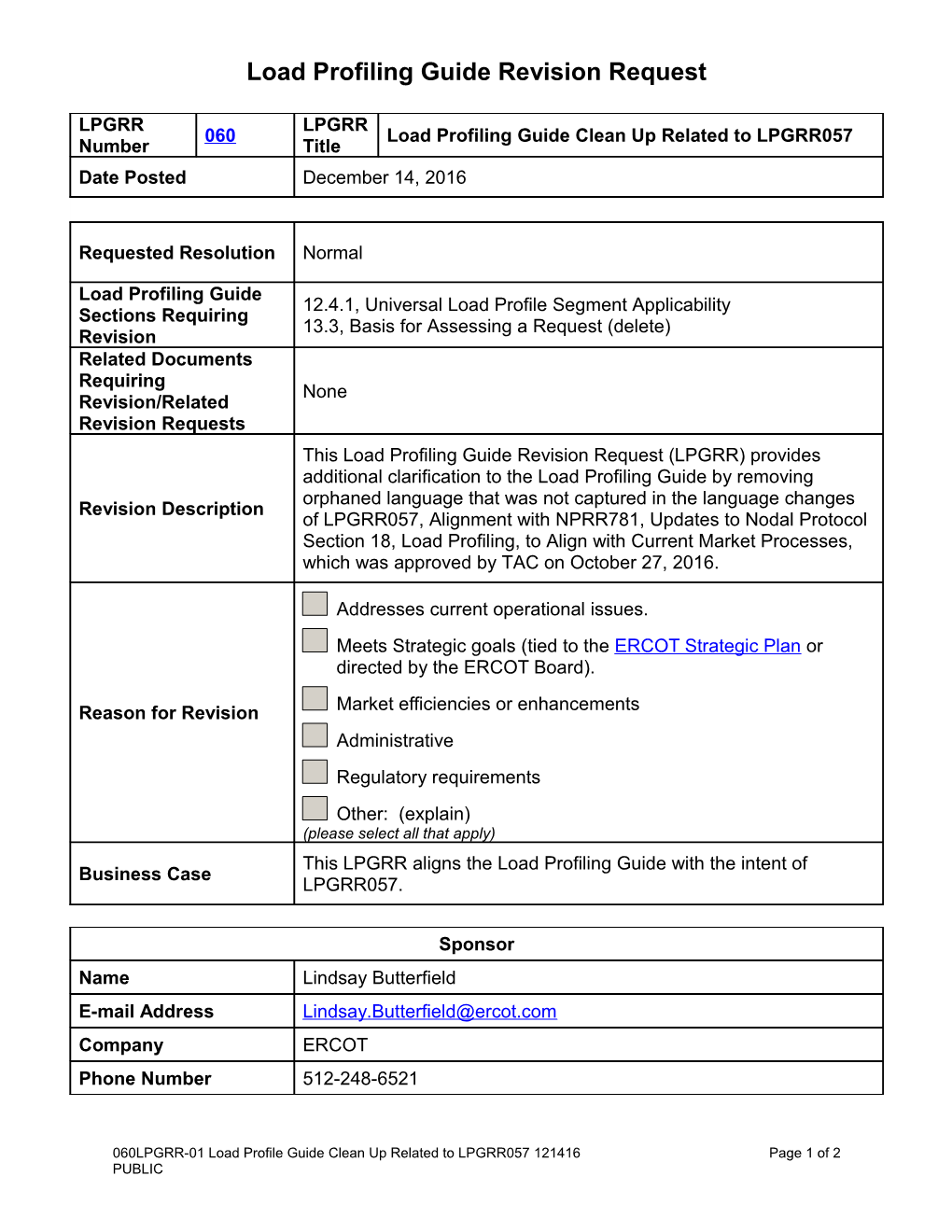 Load Profiling Guide Revision Request