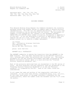 Network Working Group J. Postel Request for Comments: 820 J. Vernon January 1983 Obsoletes Rfcs