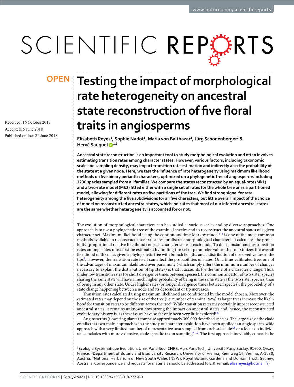 Testing the Impact of Morphological Rate Heterogeneity on Ancestral State Reconstruction of Five Floral Traits in Angiosperms