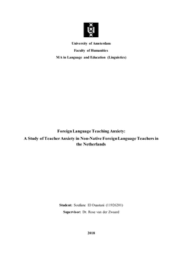 Foreign Language Teaching Anxiety: a Study of Teacher Anxiety in Non-Native Foreign Language Teachers in the Netherlands
